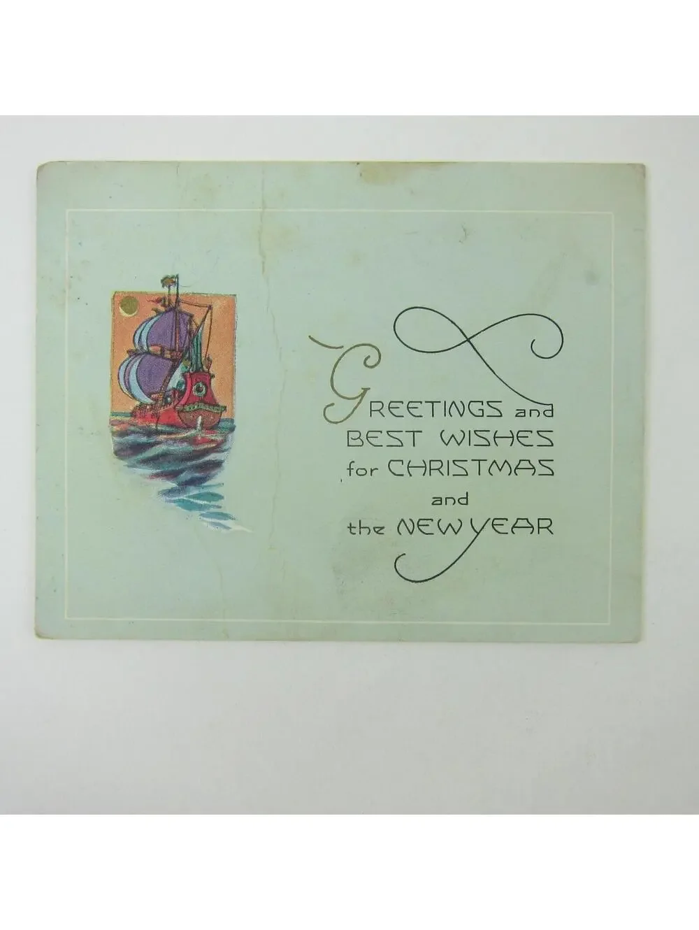 Antique Christmas Card Sailing Ship at Sea Green American Colortype Company